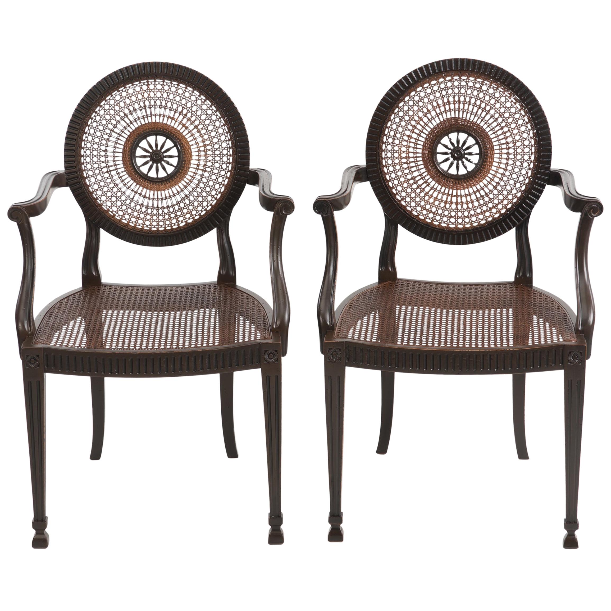Beautiful Pair of Italian Carved Wood and Caned Armchairs