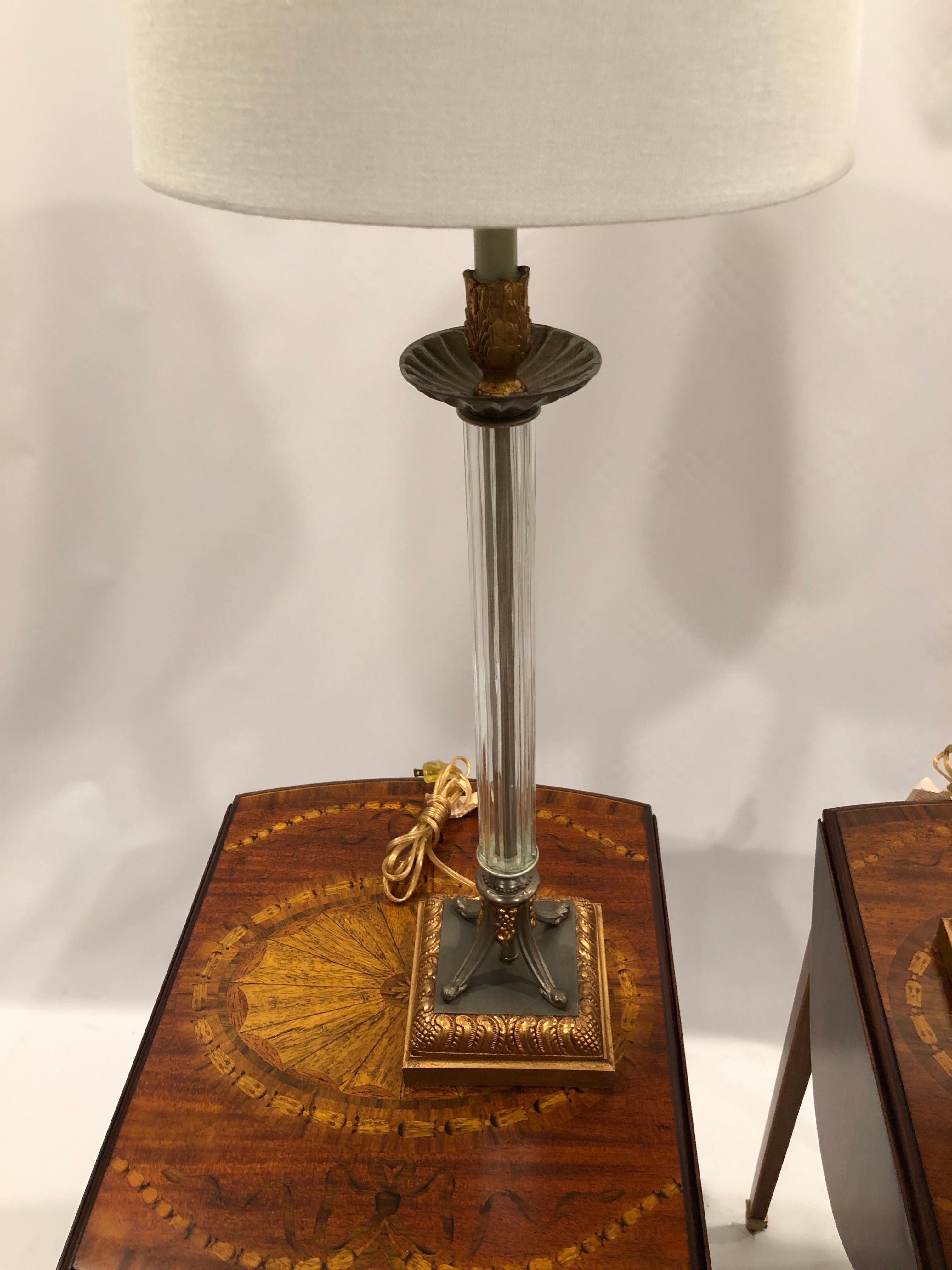 Neoclassical Beautiful Pair of Kinder Harris Giltmetal and Crystal Column Lamps For Sale
