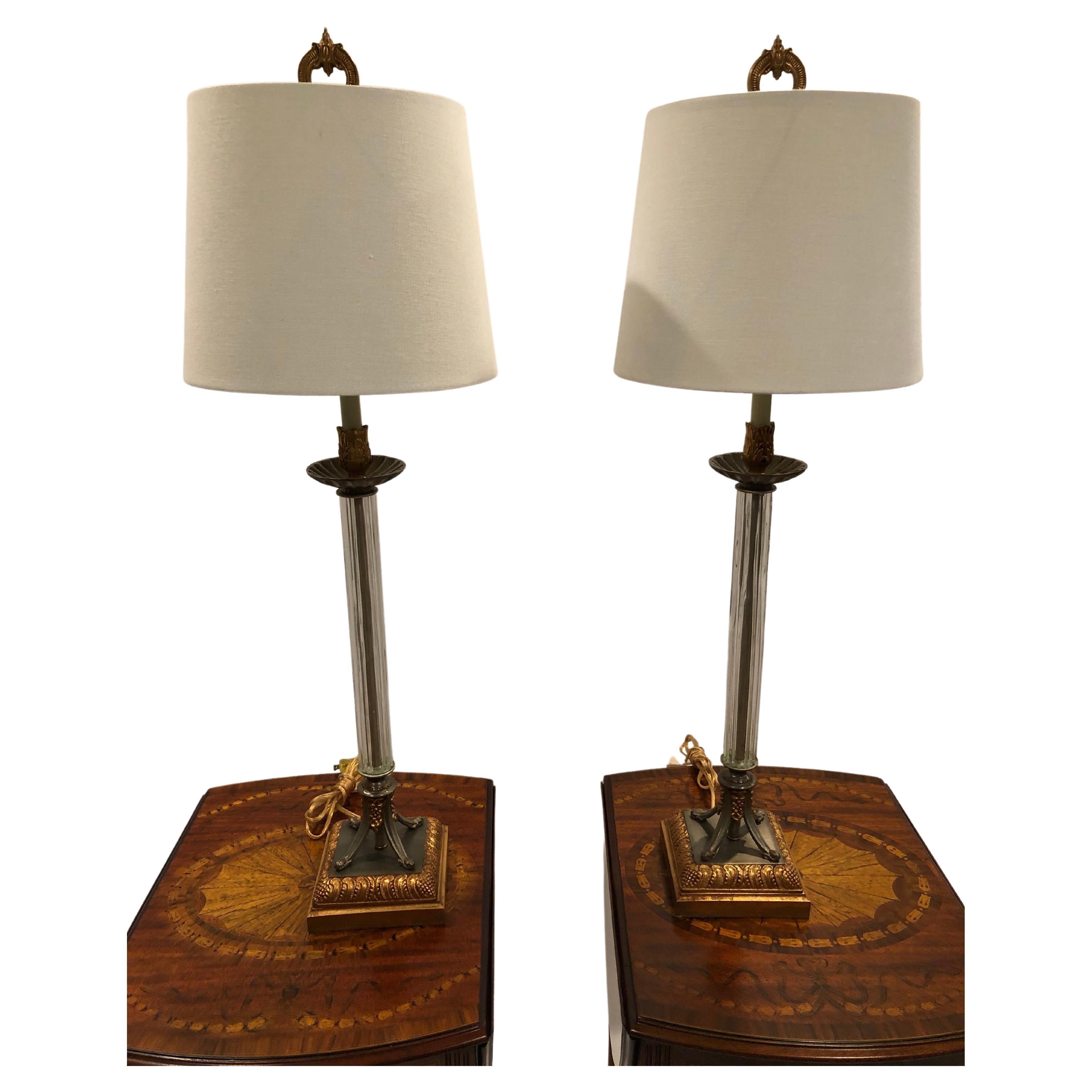 Beautiful Pair of Kinder Harris Giltmetal and Crystal Column Lamps