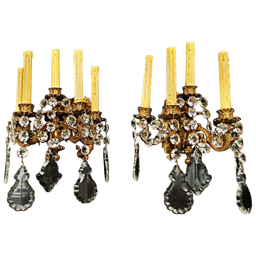 Beautiful Pair of Late 19th Century French Bronze or Crystals Sconces For Sale