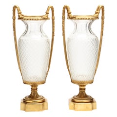 Beautiful Pair of Late 19th Century French Cut Crystal and Gilt Bronze Vases