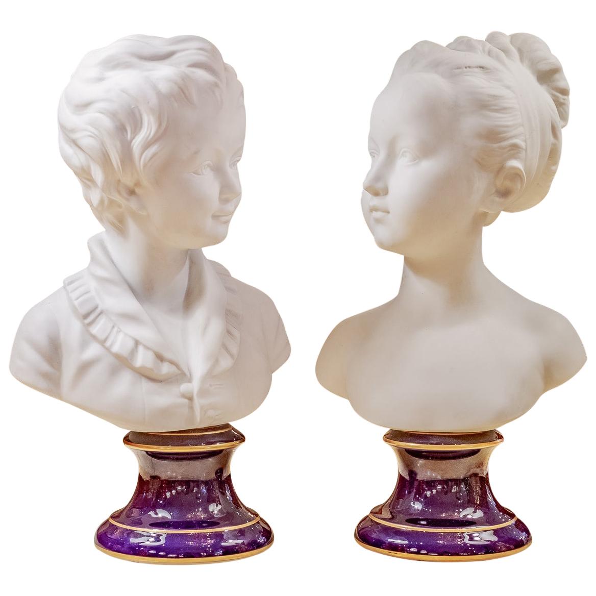 Beautiful Pair of Late 19th Century French Limoges Porcelain Busts on Sevres For Sale
