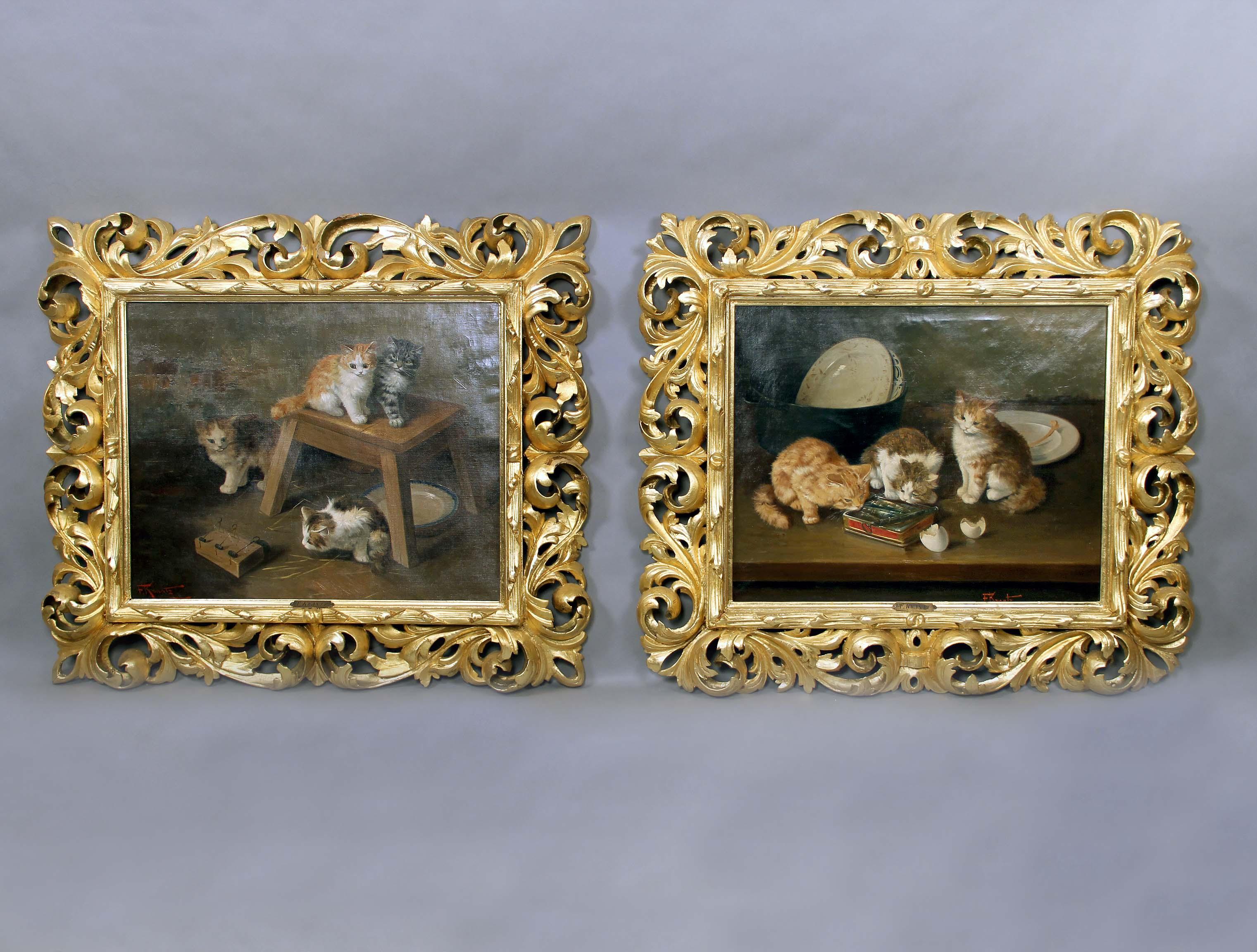 Una bellissima coppia di dipinti di gattini della fine del XIX e dell'inizio del XX secolo.

Di F. Krantz (tedesco).

Olio su tela, con gattini curiosi. Un quadro con quattro gattini e una trappola per topi, l'altro con tre gattini e del cibo.