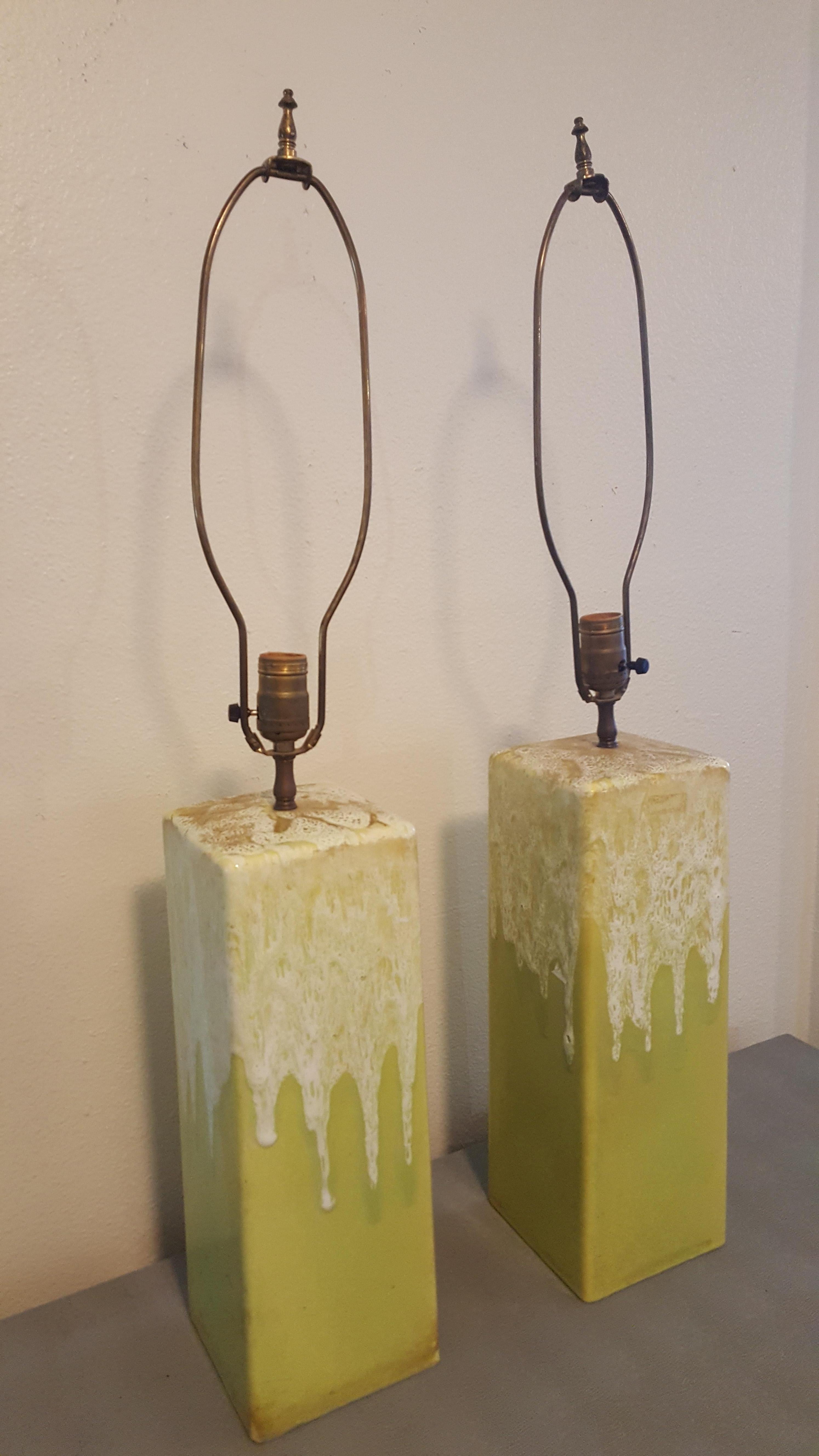 Beautiful Pair of Lime Green Glaze Drip Ceramic Lamps For Sale 3