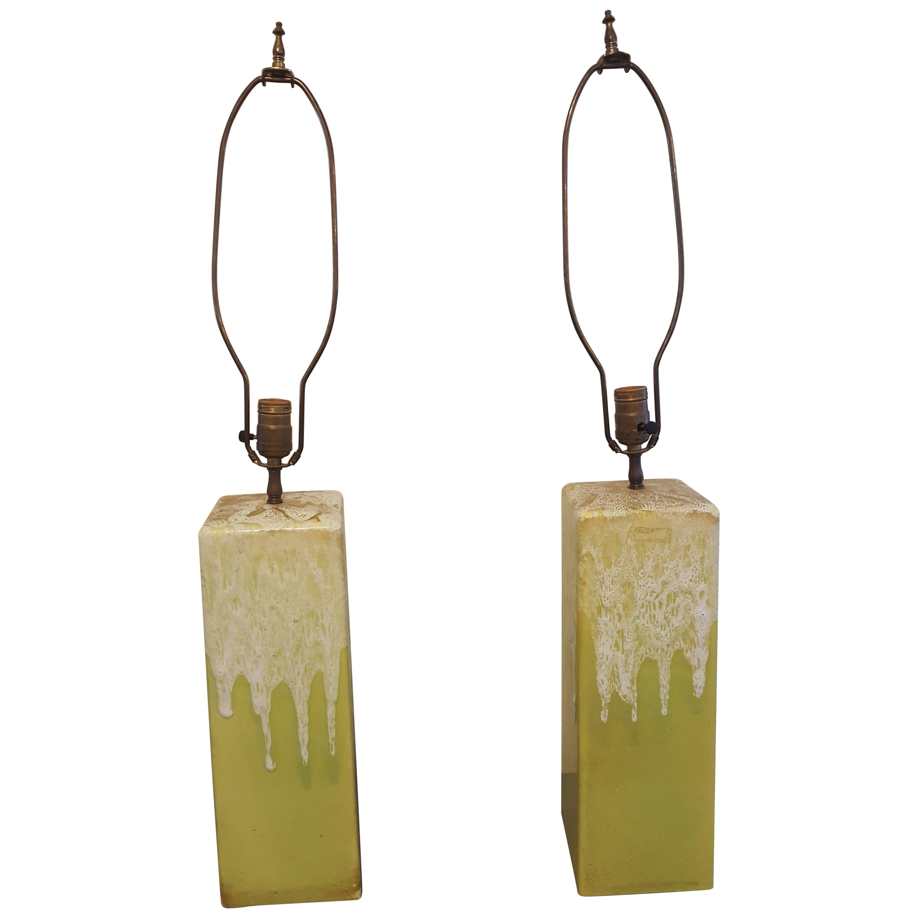 Beautiful Pair of Lime Green Glaze Drip Ceramic Lamps For Sale