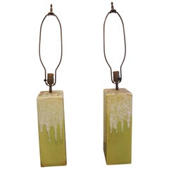 Beautiful Pair of Lime Green Glaze Drip Ceramic Lamps
