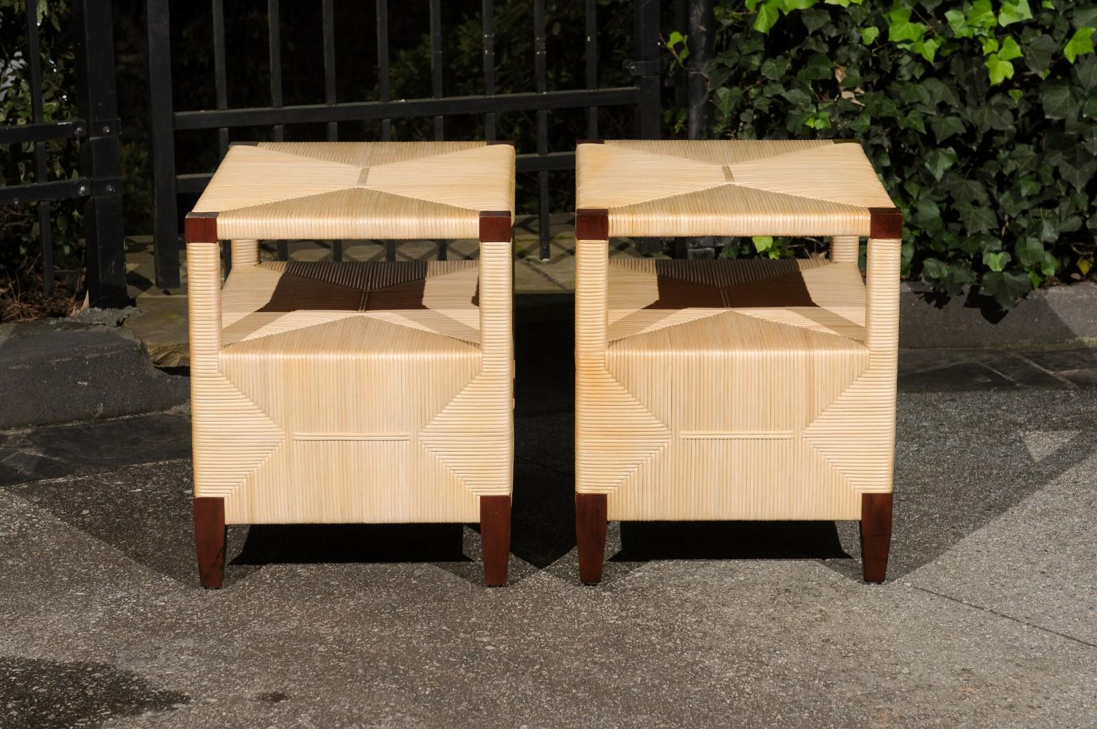 Beautiful Pair of Mahogany and Rush Rattan End Tables by John Hutton for Donghia For Sale 4