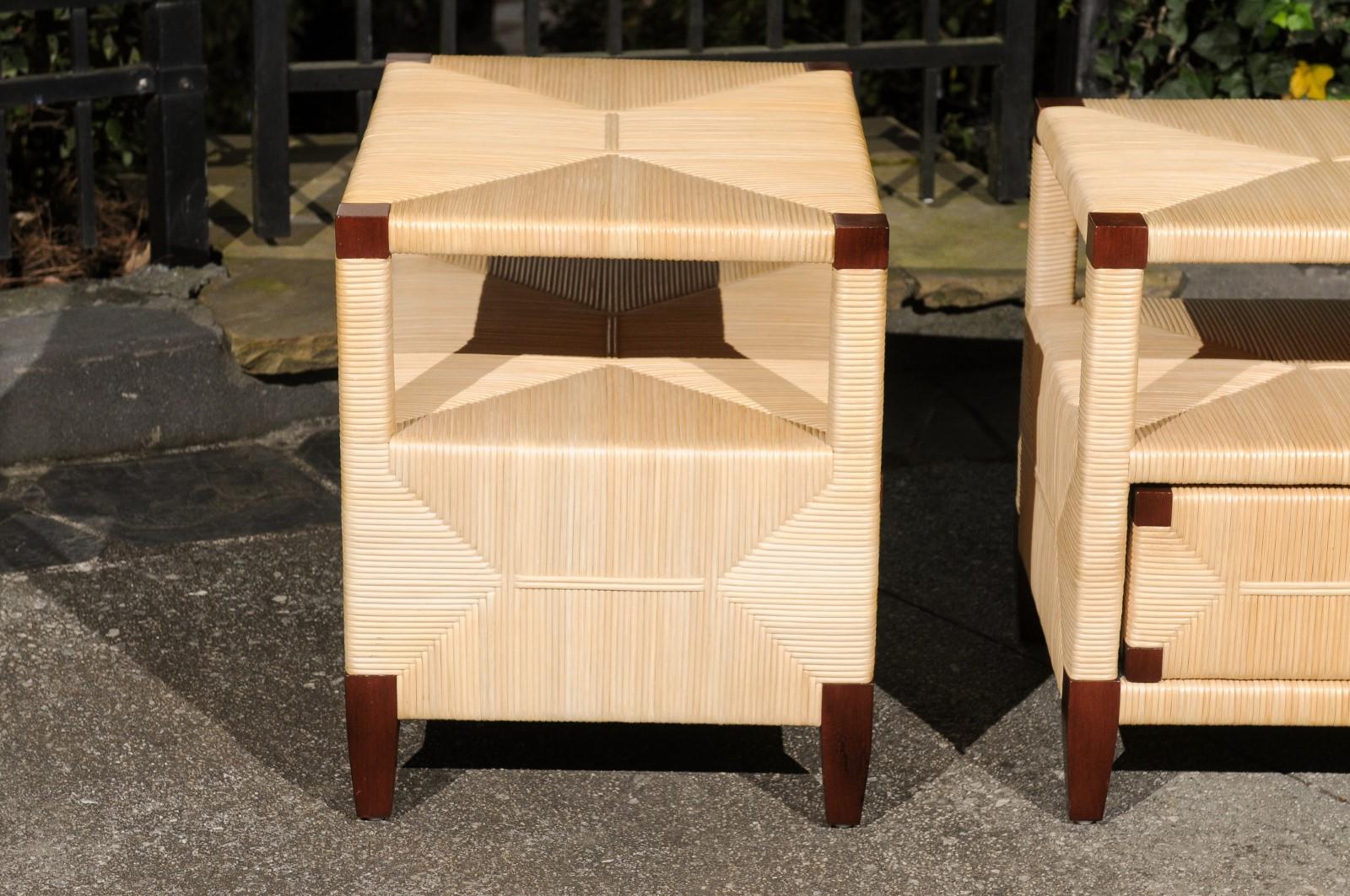 Beautiful Pair of Mahogany and Rush Rattan End Tables by John Hutton for Donghia For Sale 6