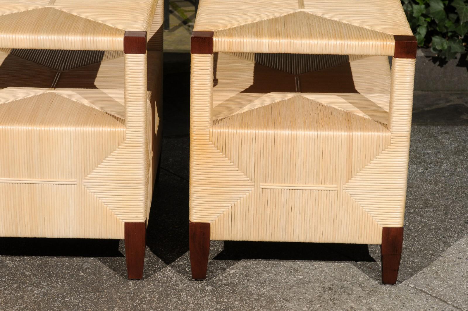 Beautiful Pair of Mahogany and Rush Rattan End Tables by John Hutton for Donghia For Sale 7