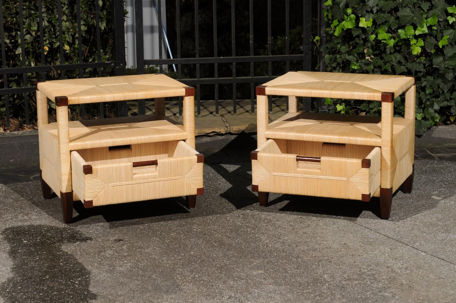 Beautiful Pair of Mahogany and Rush Rattan End Tables by John Hutton for Donghia For Sale 8