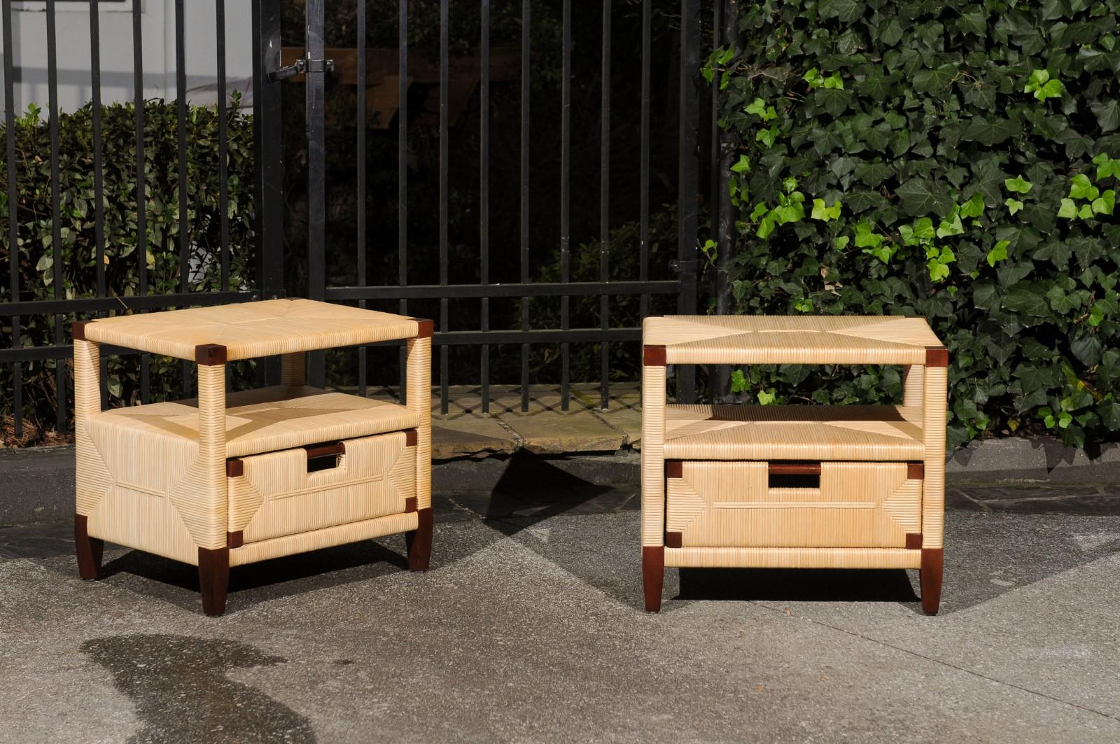 These fabulous end tables are shipped as professionally photographed and described in the listing narrative: Meticulously professionally restored and completely installation ready.

A lovely pair of end tables from the limited production Merbau