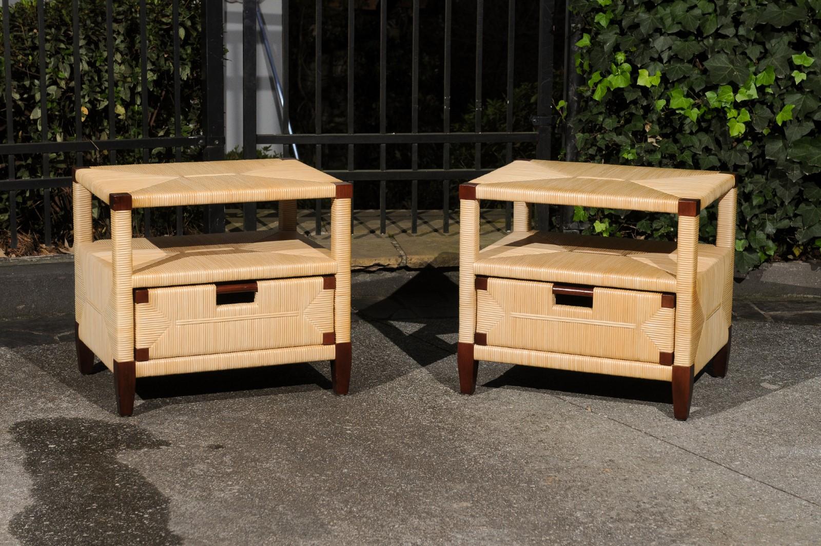 Beautiful Pair of Mahogany and Rush Rattan End Tables by John Hutton for Donghia For Sale 14