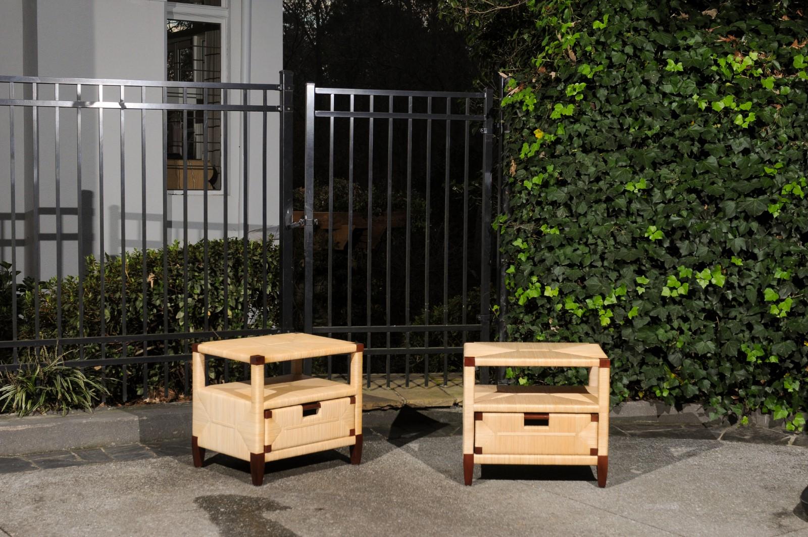 Organic Modern Beautiful Pair of Mahogany and Rush Rattan End Tables by John Hutton for Donghia For Sale