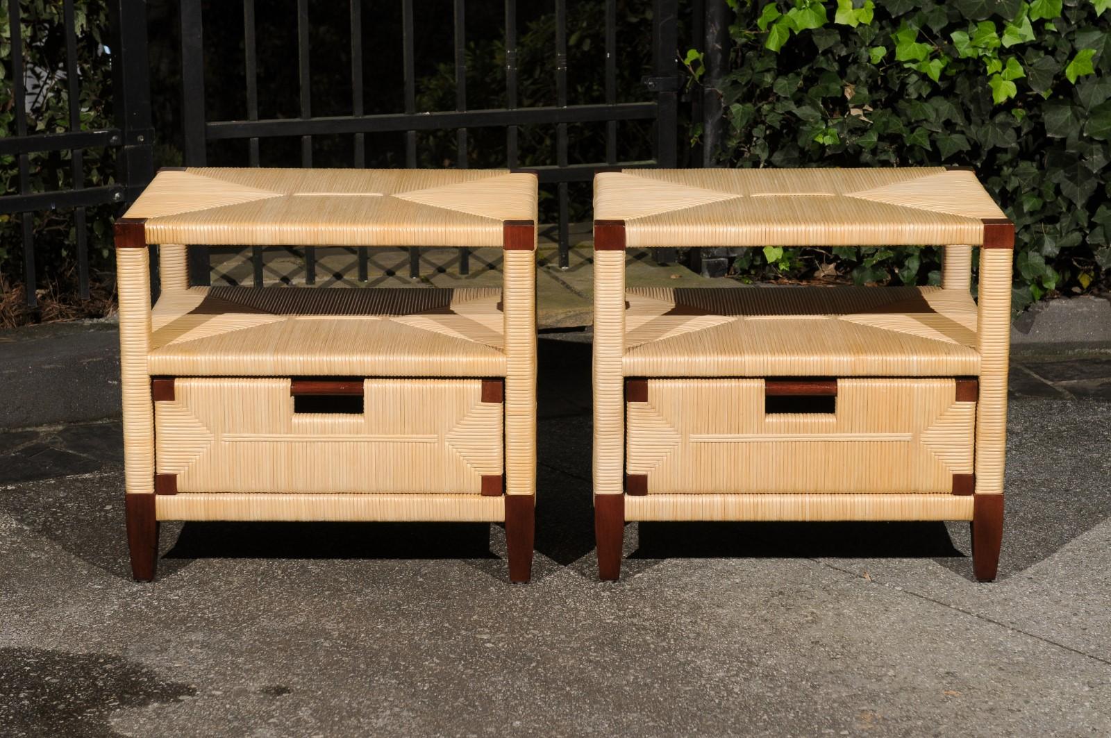 North American Beautiful Pair of Mahogany and Rush Rattan End Tables by John Hutton for Donghia For Sale