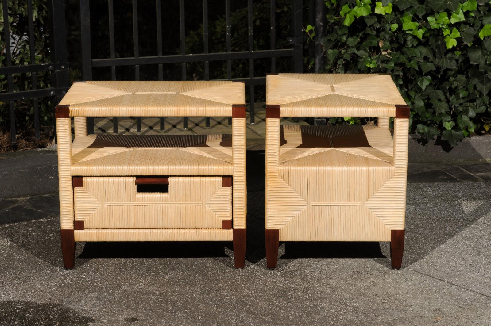 Beautiful Pair of Mahogany and Rush Rattan End Tables by John Hutton for Donghia In Excellent Condition For Sale In Atlanta, GA