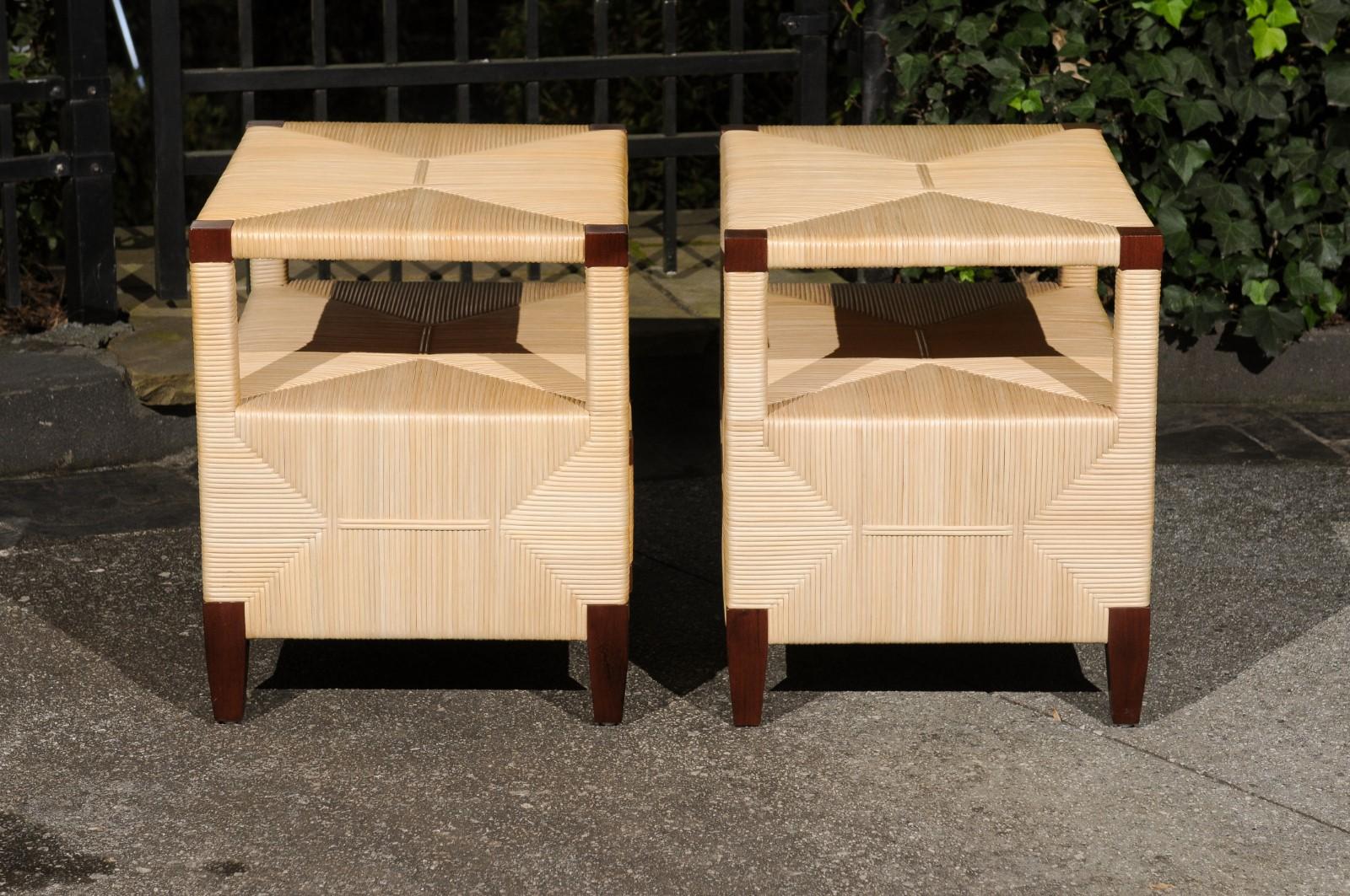 Late 20th Century Beautiful Pair of Mahogany and Rush Rattan End Tables by John Hutton for Donghia For Sale