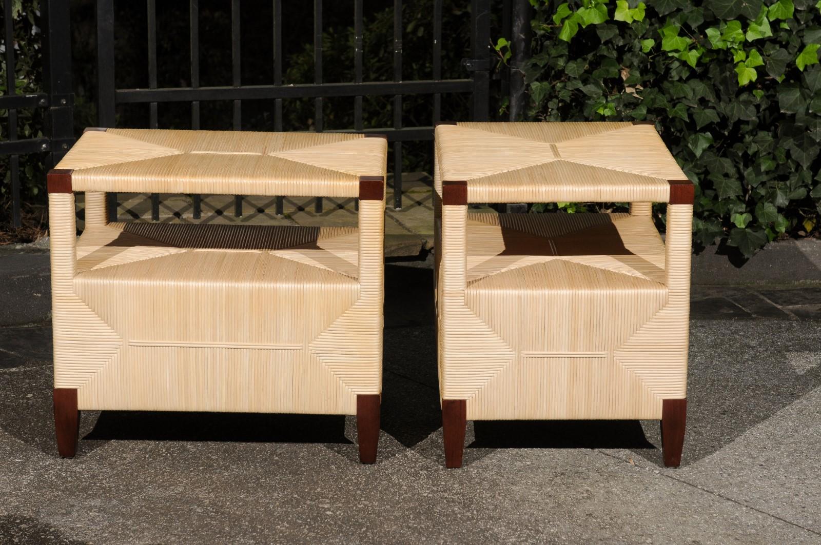 Beautiful Pair of Mahogany and Rush Rattan End Tables by John Hutton for Donghia For Sale 1