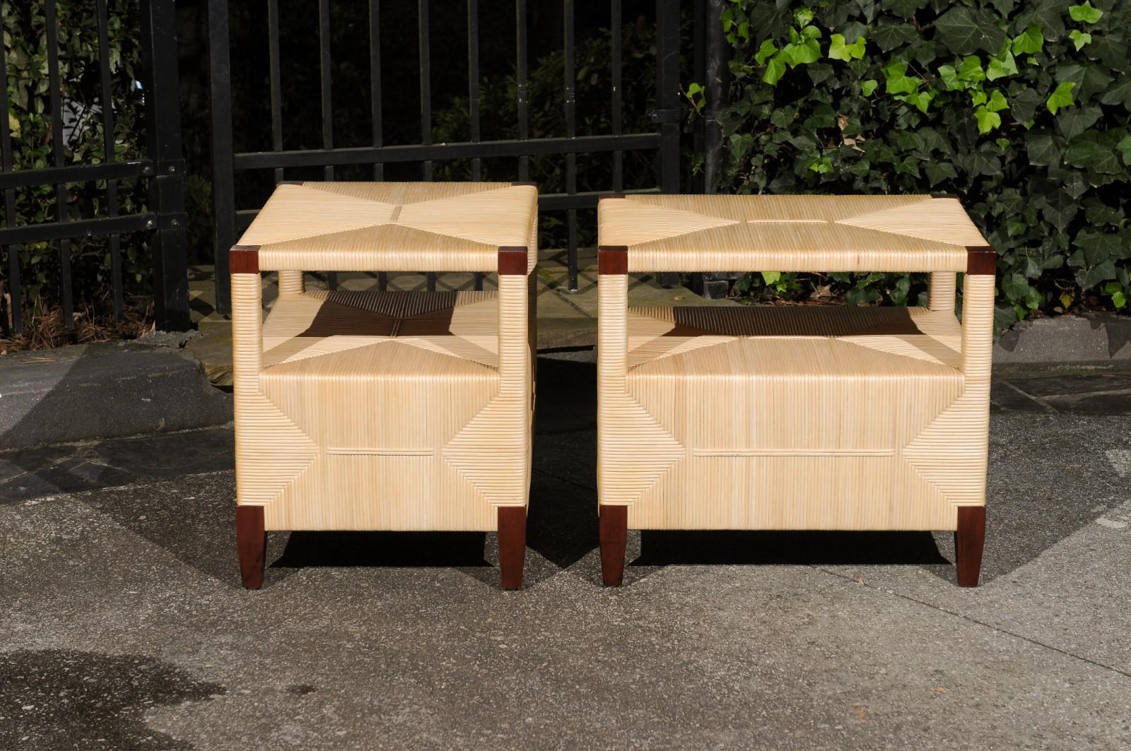 Beautiful Pair of Mahogany and Rush Rattan End Tables by John Hutton for Donghia For Sale 3