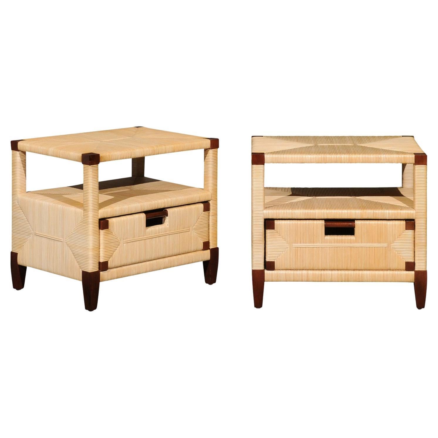 Bellissima coppia di tavolini in vimini Rattan di John Hutton per Donghia