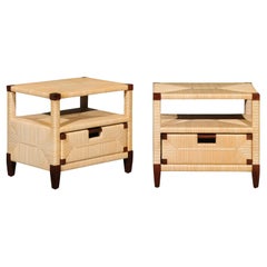 Beautiful Pair of Mahogany and Rush Rattan End Tables by John Hutton for Donghia