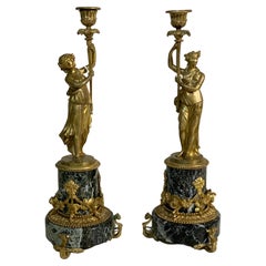 Beautiful Pair of Marble and Bronze Candlesticks, Napoleon III