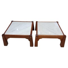Beautiful pair of mexican low side tables in mahogany and white Carrara marble