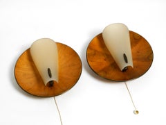 Beautiful Pair of Mid Century Round Wood Plate Sconces with Plastic Shades