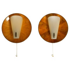 Beautiful Pair of Mid Century Round Wood Plate Sconces with Plastic Shades