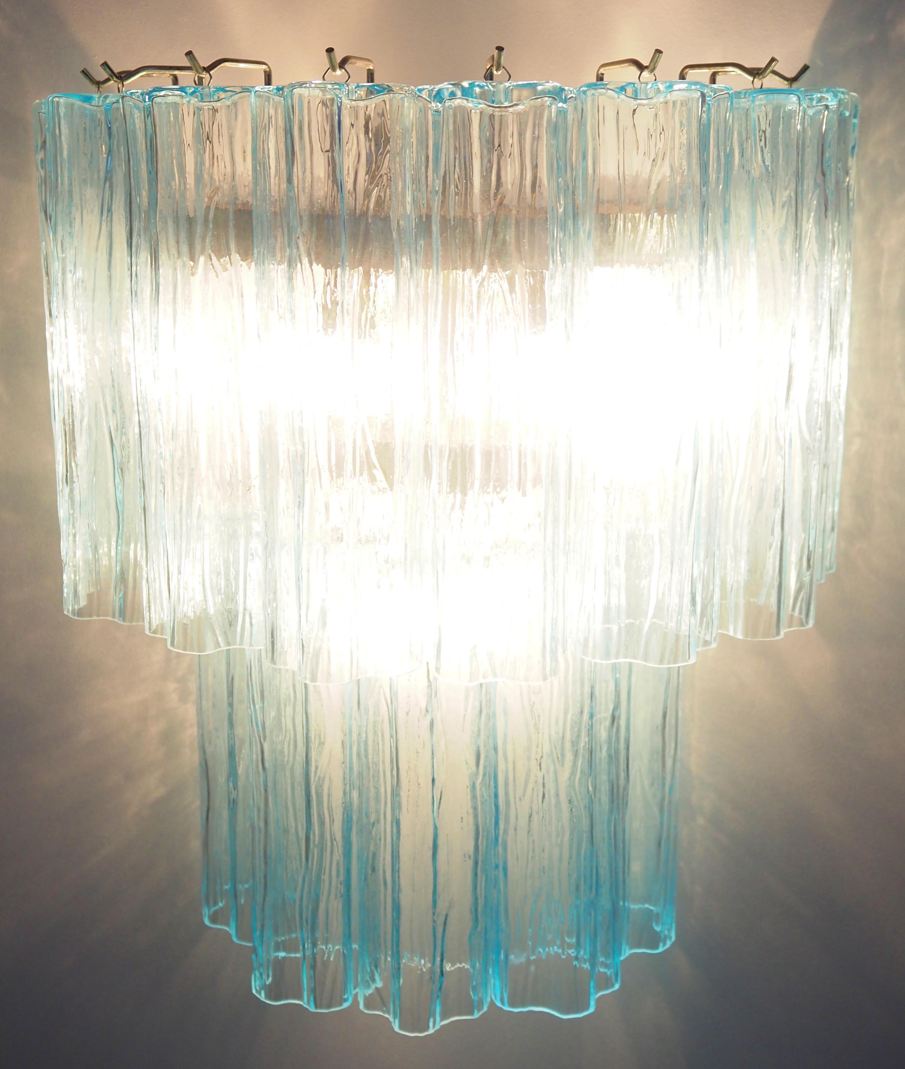 Beautiful pair of Murano Glass Tube wall sconces - 13 blue glass tube For Sale 3