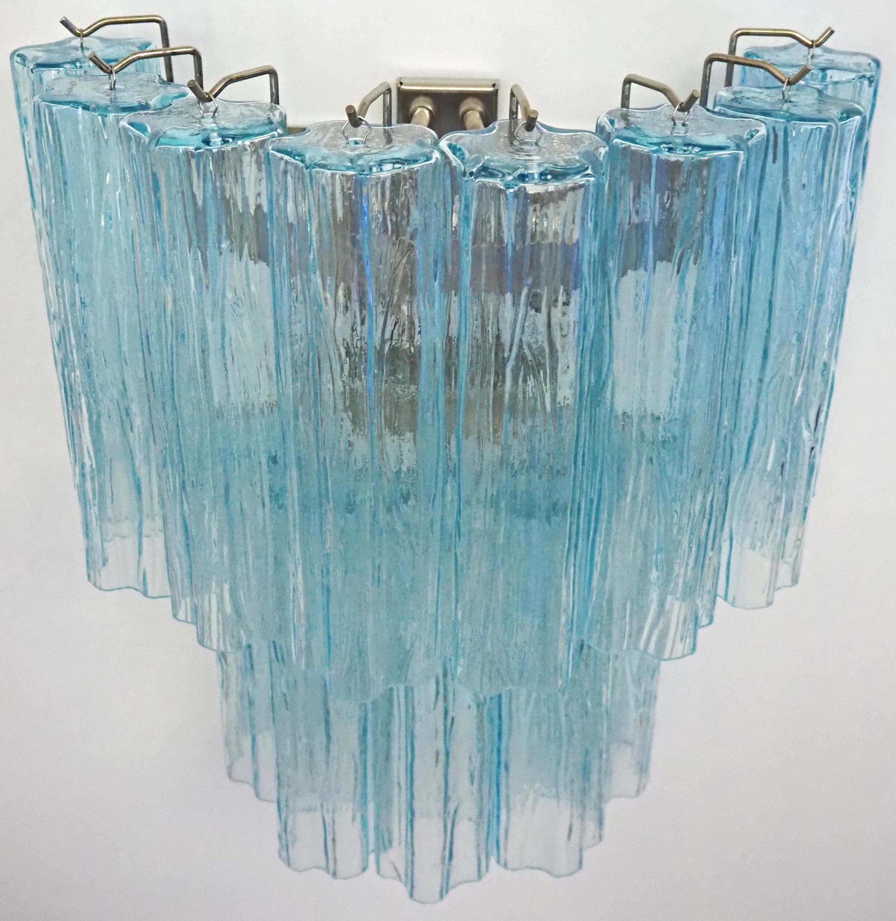 Beautiful pair of Murano Glass Tube wall sconces - 13 blue glass tube For Sale 4