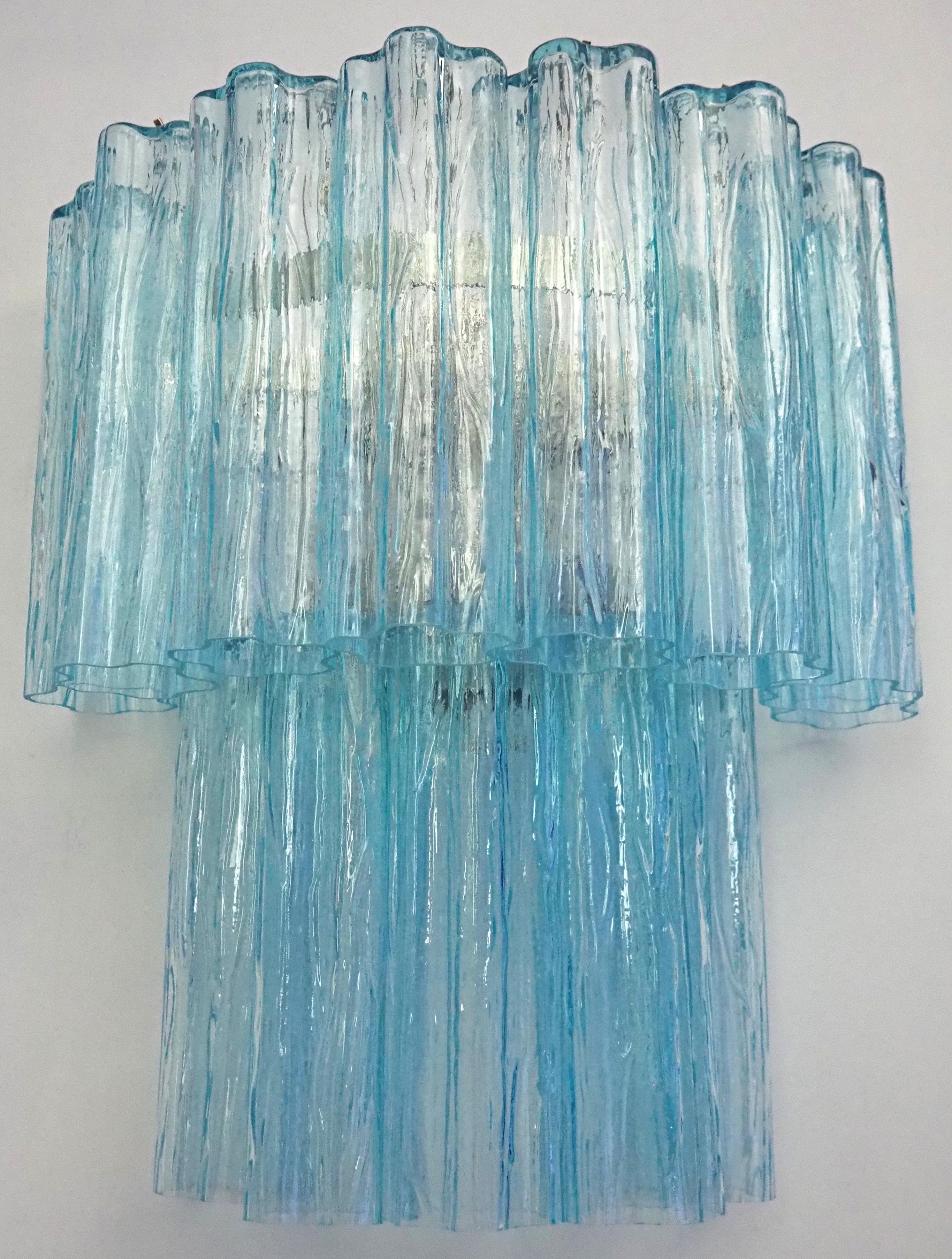 Beautiful pair of Murano Glass Tube wall sconces - 13 blue glass tube For Sale 5