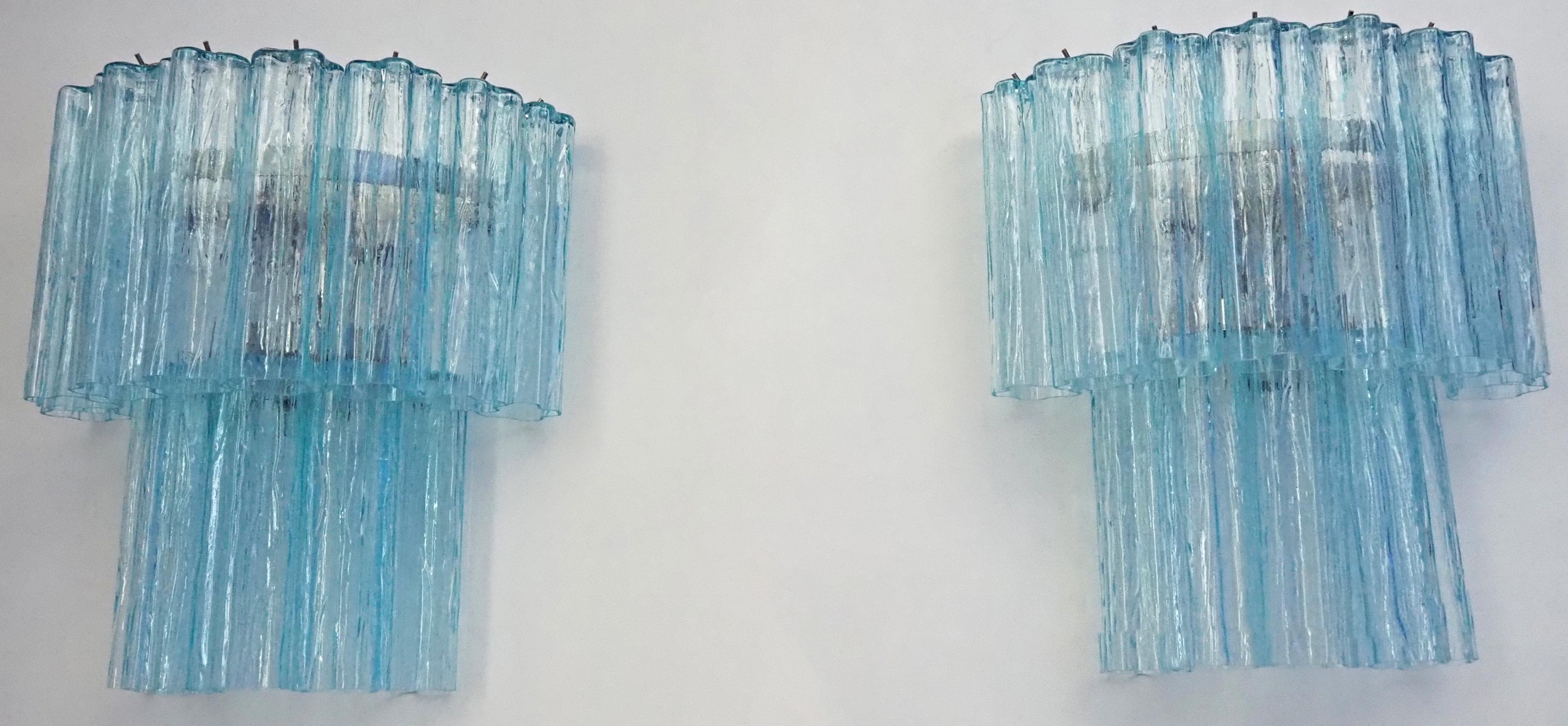 Beautiful pair of Murano Glass Tube wall sconces - 13 blue glass tube For Sale 7