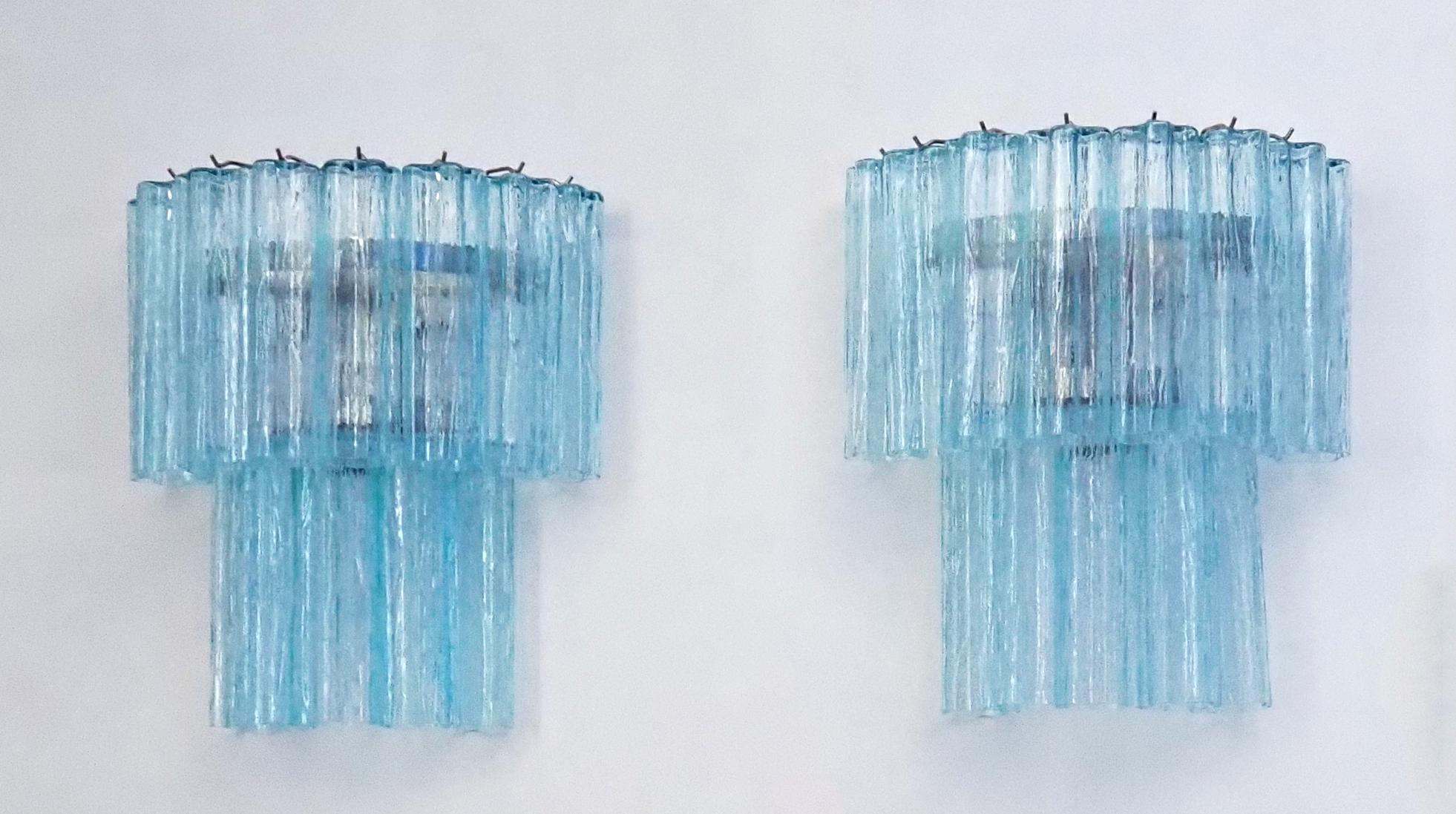 Beautiful pair of Murano Glass Tube wall sconces - 13 blue glass tube For Sale 9