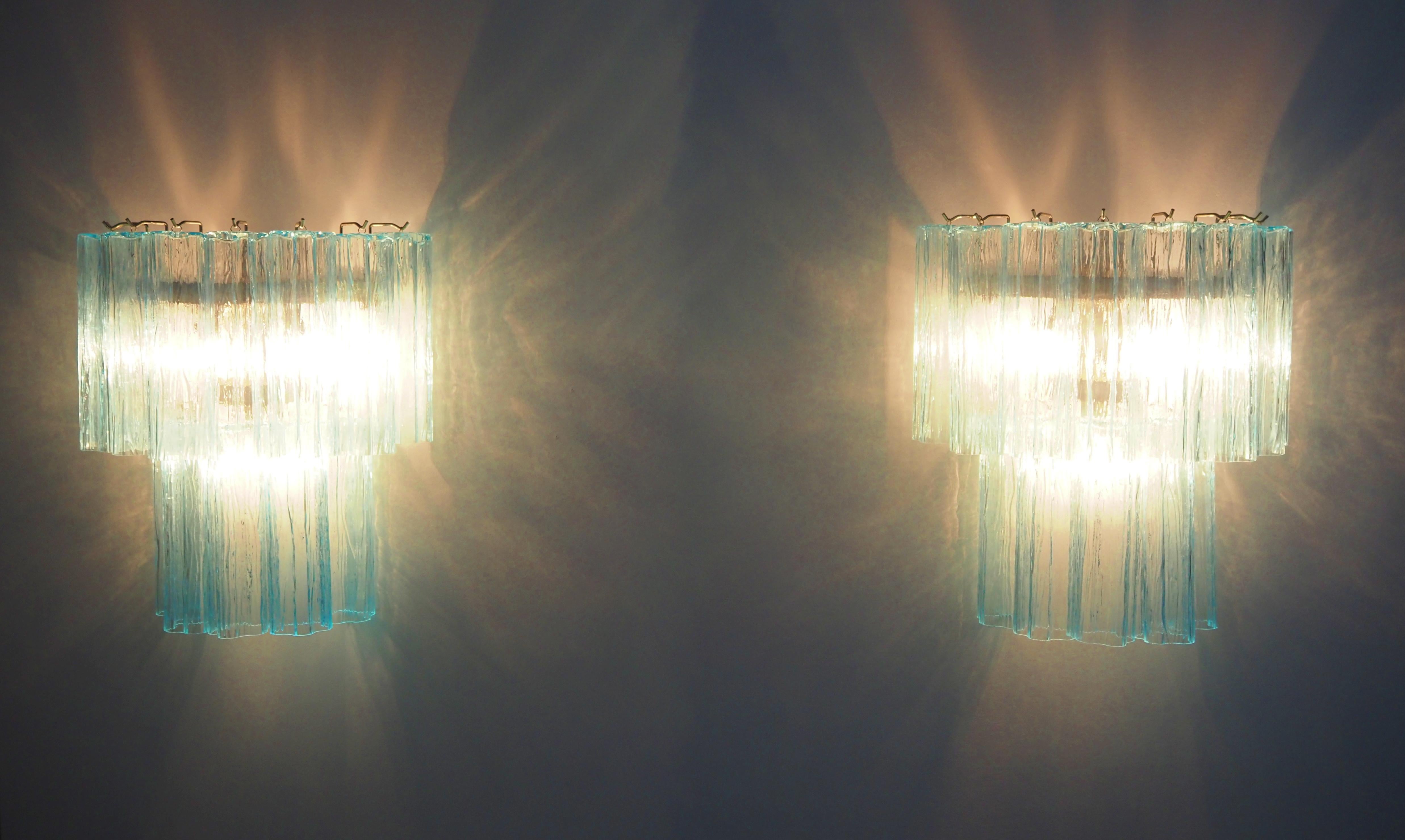 20th Century Beautiful pair of Murano Glass Tube wall sconces - 13 blue glass tube For Sale