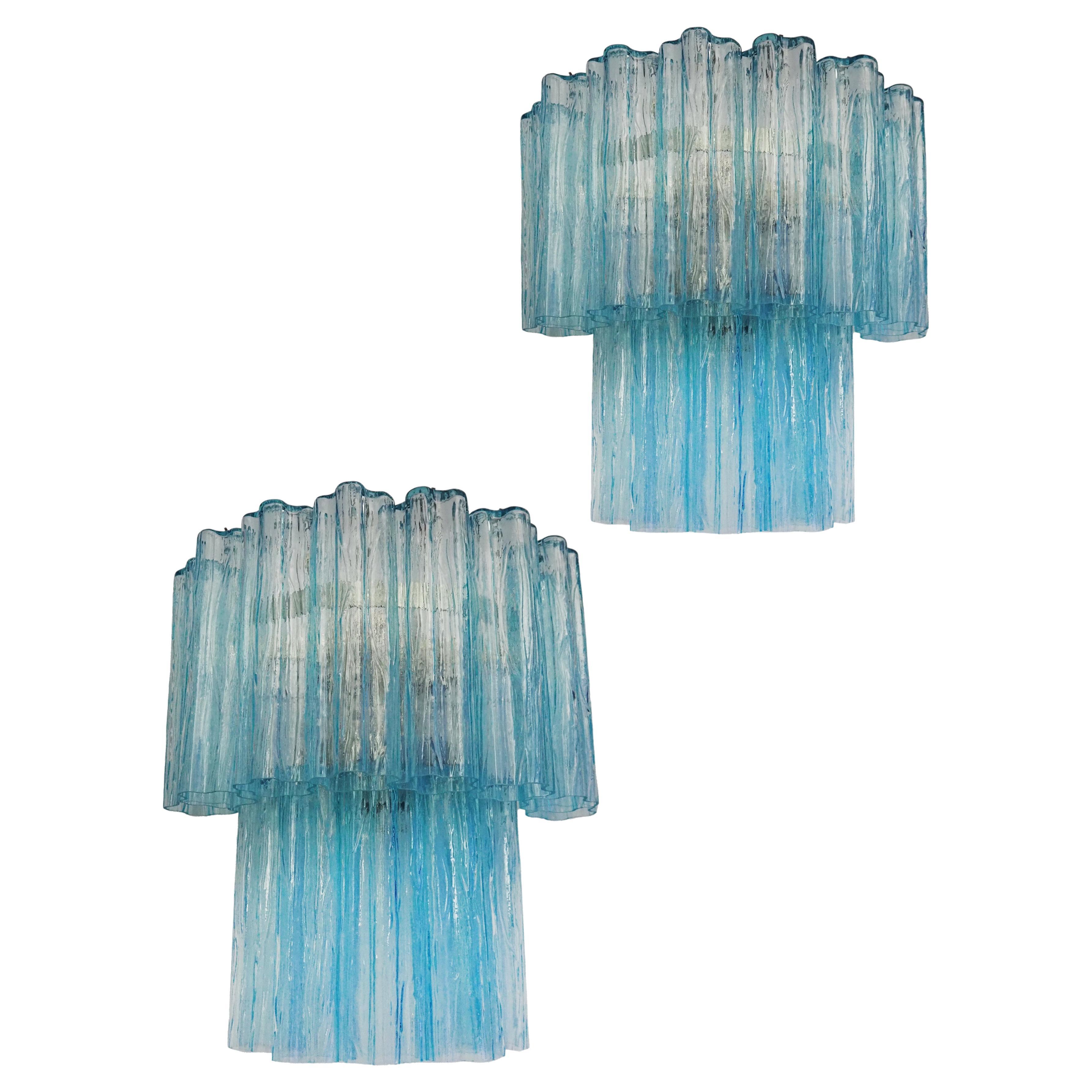 Beautiful pair of Murano Glass Tube wall sconces - 13 blue glass tube For Sale