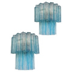 Retro Beautiful pair of Murano Glass Tube wall sconces - 13 blue glass tube