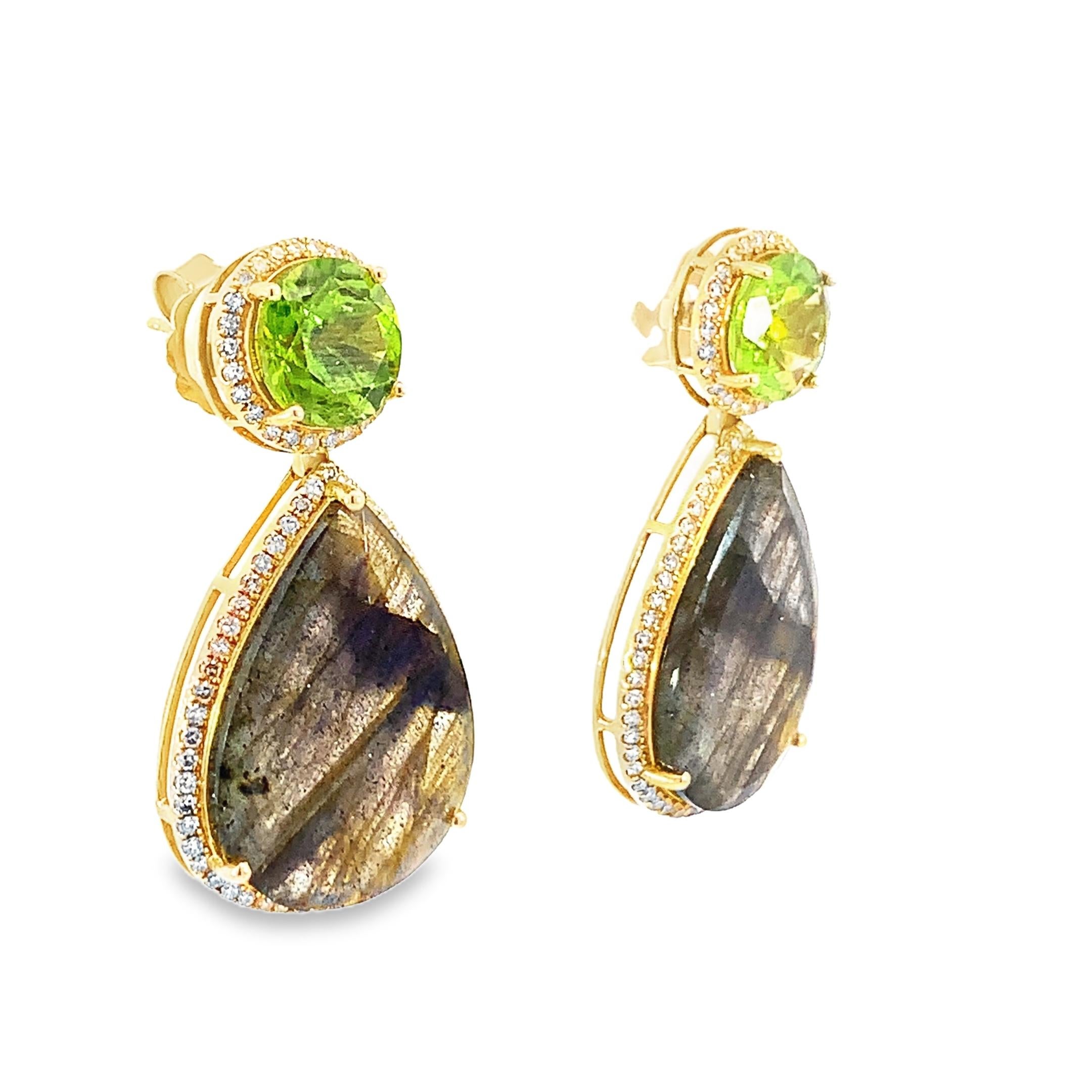 Beautiful Pair of Natural Labradorite, Peridot and Diamond Earrings For Sale 1