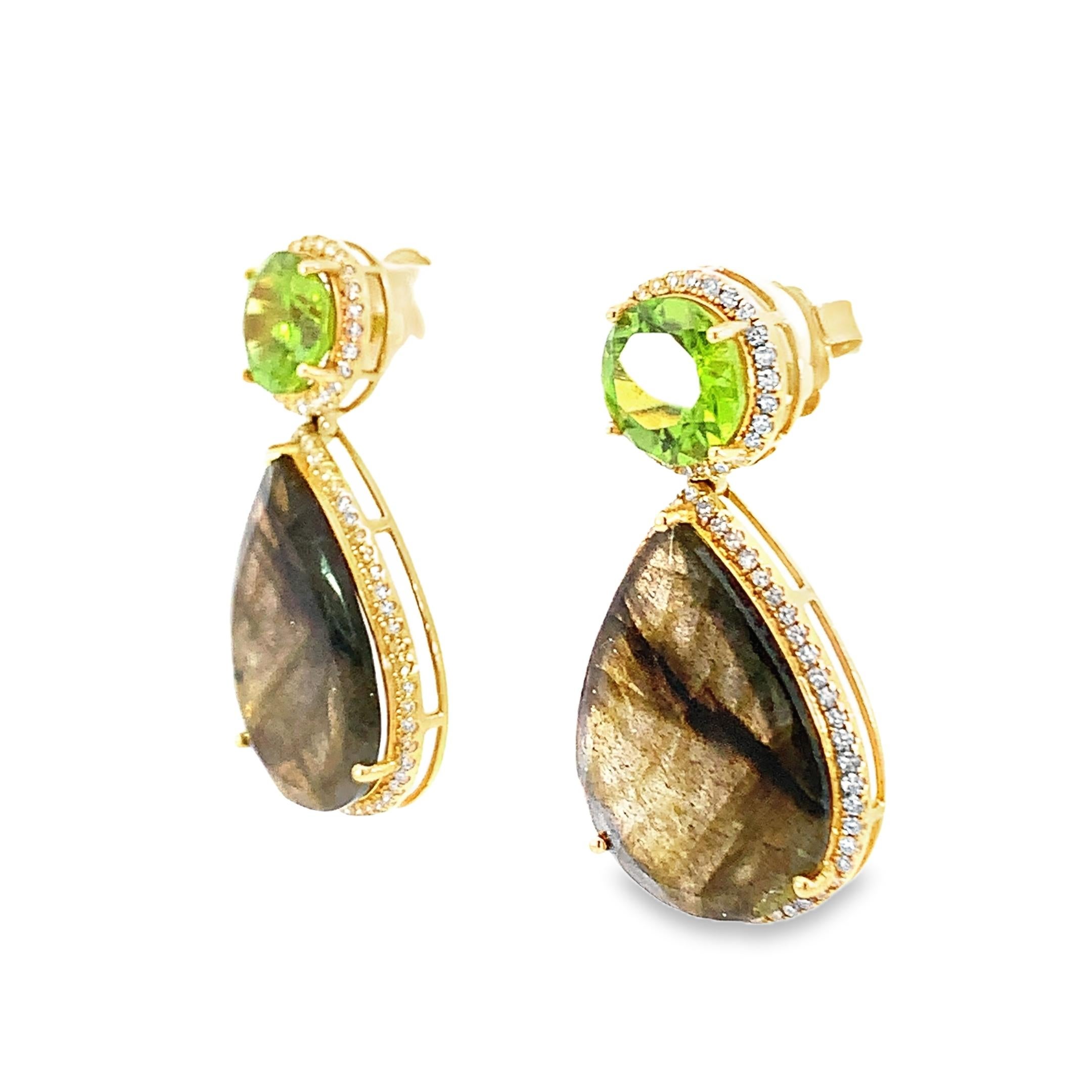 Beautiful Pair of Natural Labradorite, Peridot and Diamond Earrings For Sale 2