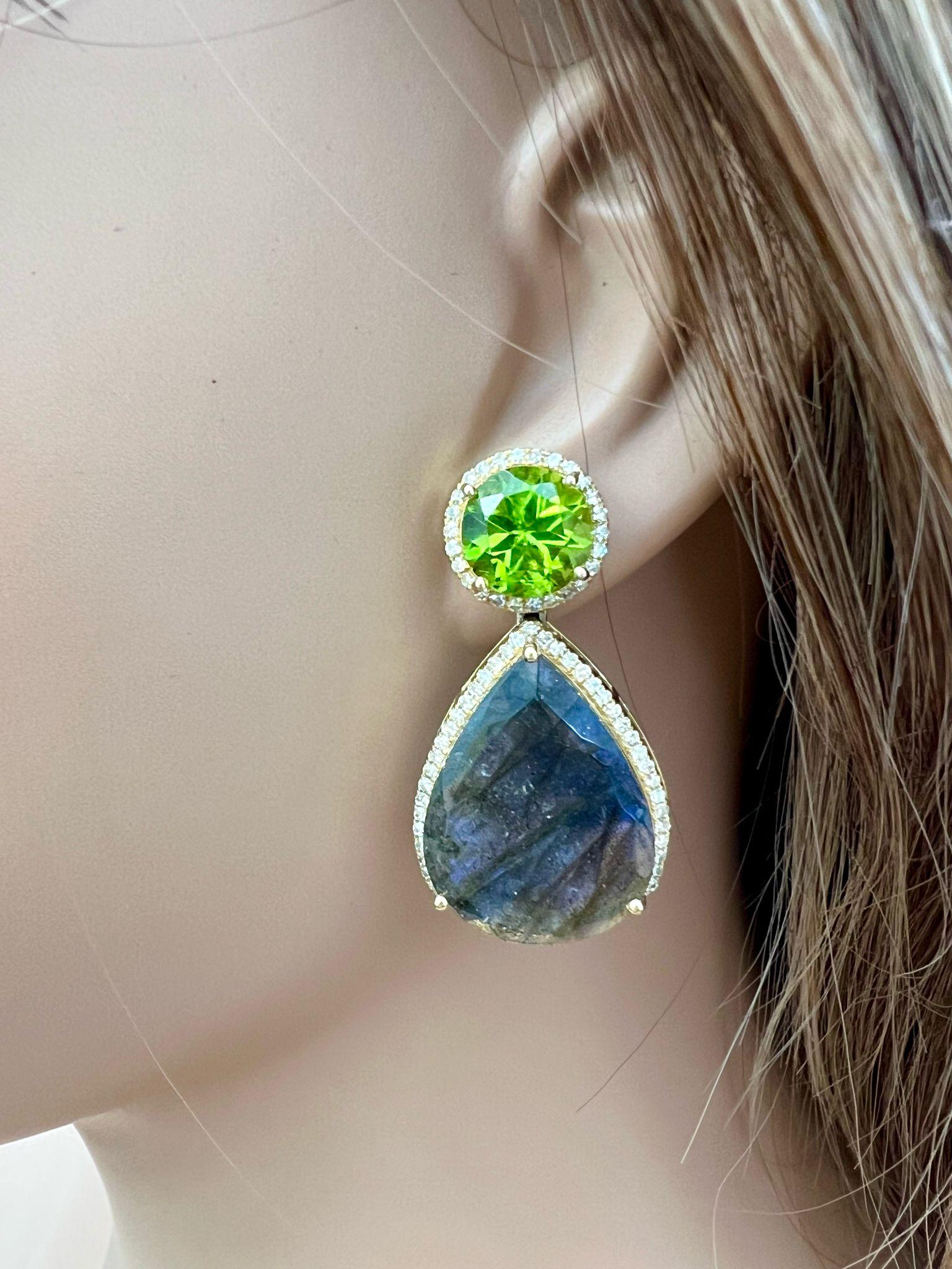 Beautiful Pair of Natural Labradorite, Peridot and Diamond Earrings For Sale 3