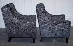 BEAUTIFUL PAIR OF NAVY BLUE LEOPARD PRINT FLAT ARM ARMCHAiRS
