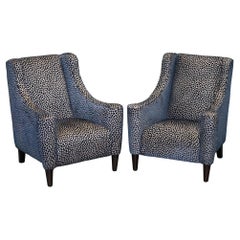 BEAUTIFUL PAIR OF NAVY BLUE LEOPARD PRINT FLAT ARM ARMCHAiRS