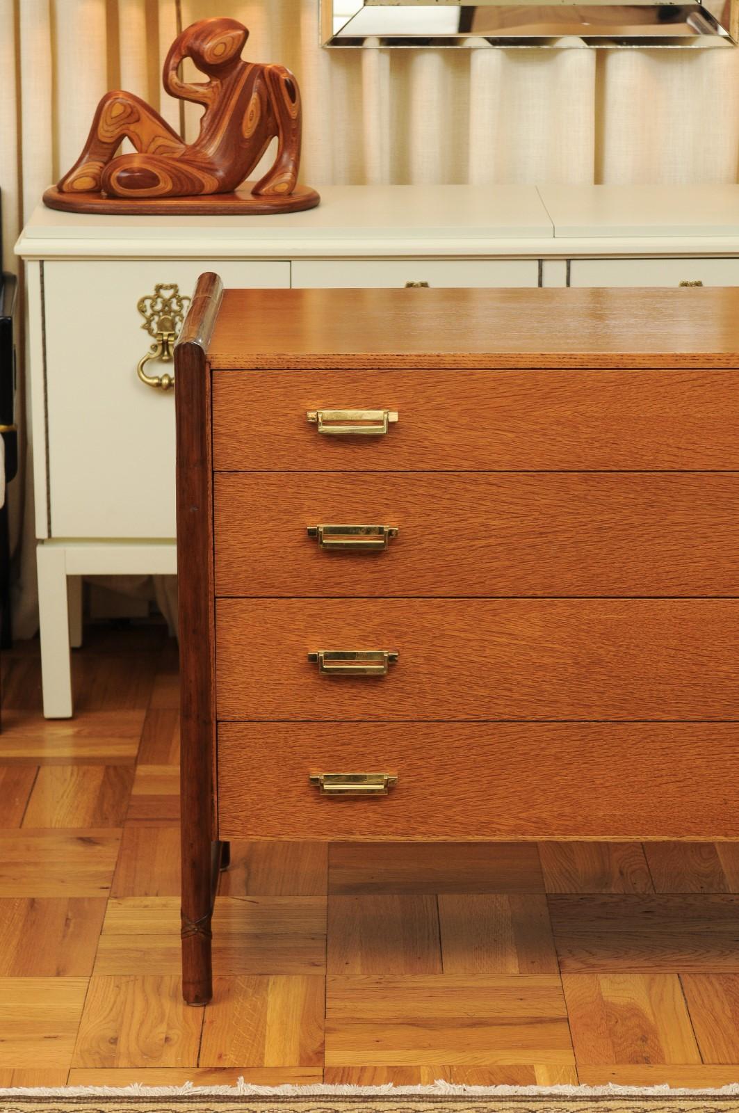 American Beautiful Pair of Oak, Rattan and Cane Campaign Commodes by McGuire, circa 1970 For Sale