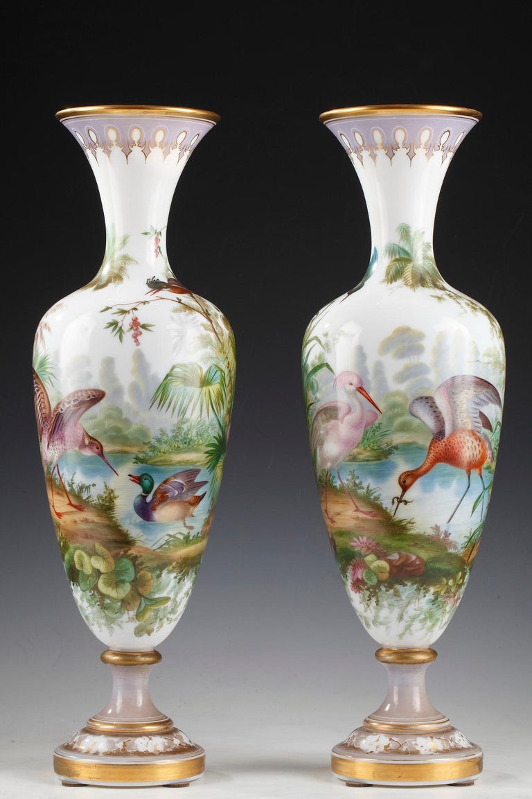 Beautiful Pair of Opal Glass Vases Attributed to Baccarat For Sale at