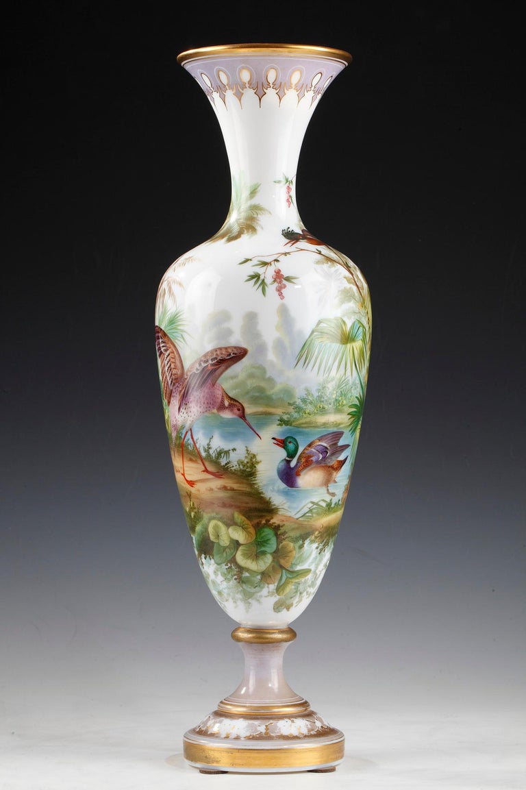 Beautiful Pair of Opal Glass Vases Attributed to Baccarat For Sale at