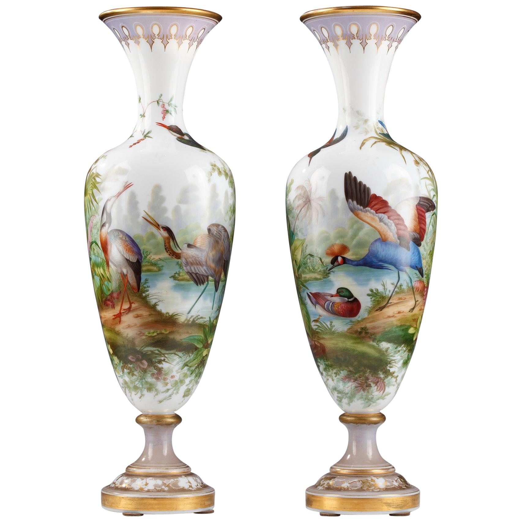 Beautiful Pair of Opal Glass Vases Attributed to Baccarat, France, Circa 1860