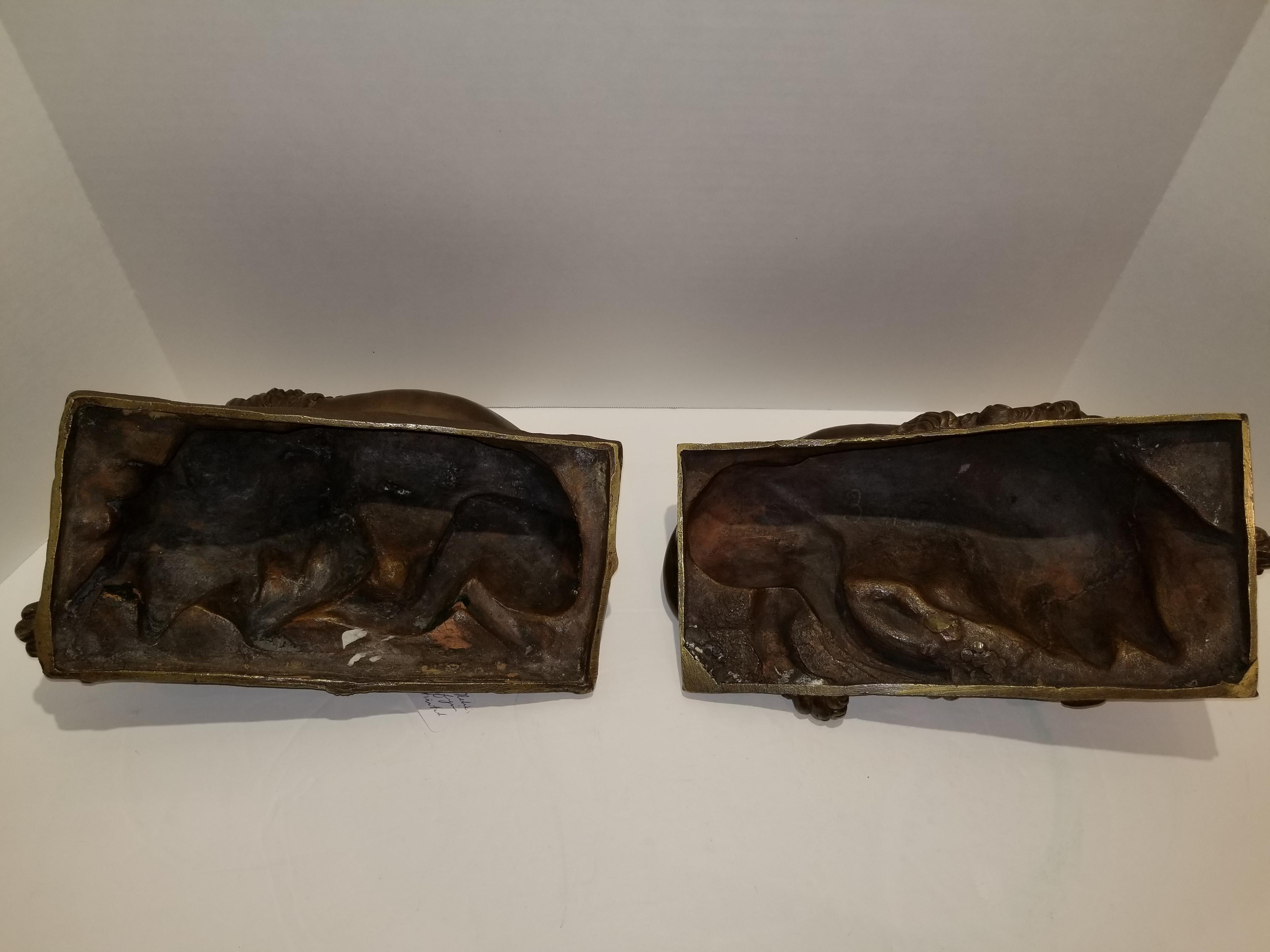 Beautiful Pair of Patinated Resting Lions, Signed by Bernoux and Huzel For Sale 4