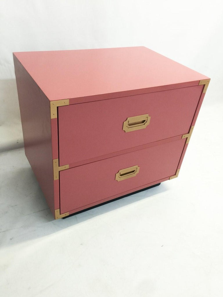 Beautiful Pair of Pink Lacquered Campaign Style Nightstands at 1stDibs