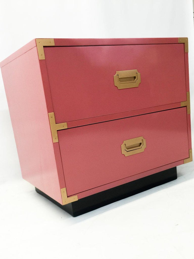 Beautiful Pair of Pink Lacquered Campaign Style Nightstands at 1stDibs