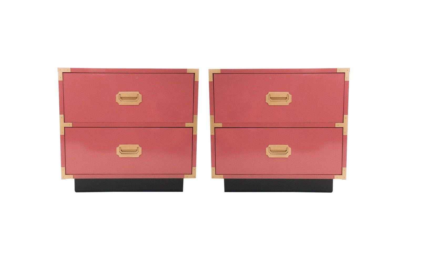 American Beautiful Pair of Pink Lacquered Campaign Style Nightstands