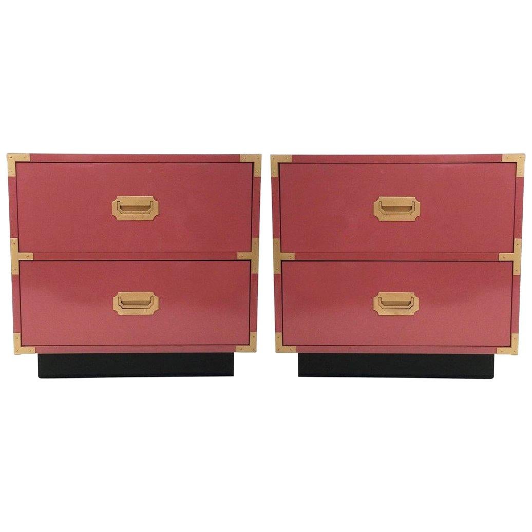 Beautiful Pair of Pink Lacquered Campaign Style Nightstands